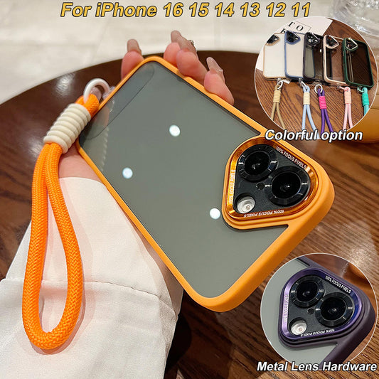 Colorful Crystal High Definition Clear Phone Case with Woven Wristband For iPhone 16ProMax 16 15 14 13 12 11 Pro Max Plus Transparent HD Len Protection Hard Full Cover