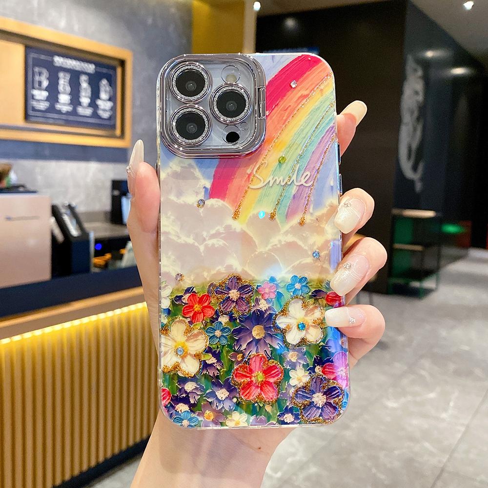 For iPhone 16ProMax 16 15 14 13 12 11 Phone Case with Diamond Camera Kickstand, Rainbow Flower Rose Butterfly, Oil Painting Camera Frame Anti-drop Hard Shockproof Full Cover