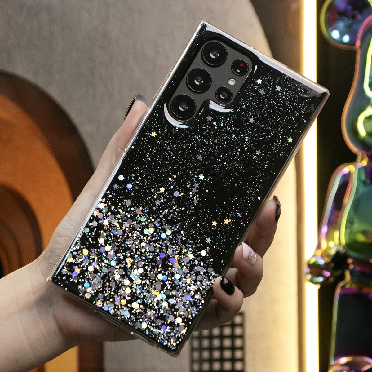 Glitter Star Sequin Basic Phone Case For Samsung S25 S24 S23 S22 S21 Note20 A15 A25 A35 A55 Clear Soft TPU Back Cover