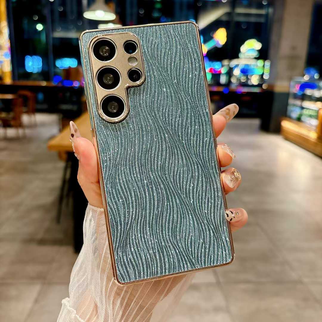 For Samsung S25Ultra S25Edge S25 S24 S23 Phone Case, Luxury Glitter Slim Water Ripple Pattern Plating Matte Leather Len Protection Shockproof Hard Full Cover