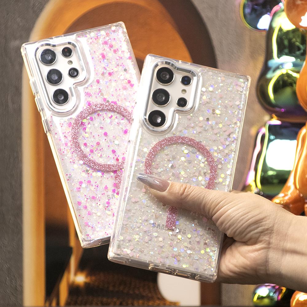 Glitter Glitter Transparent Strong Magnetic For Magsafe Phone Case For Samsung S25Ultra S25+ S25 S24 S23 A14 A15 A16 A24 A25 A34 A35 A54 A55 Metal Frame Shockproof Bumper Acrylic Hard Cover