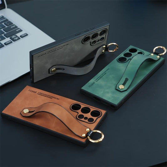 For Samsung S25Ultra S25 S24 S23 S22 S21 Case With Wristband, Matte Durable Faux Leather Kickstand Shockproof Phone Case