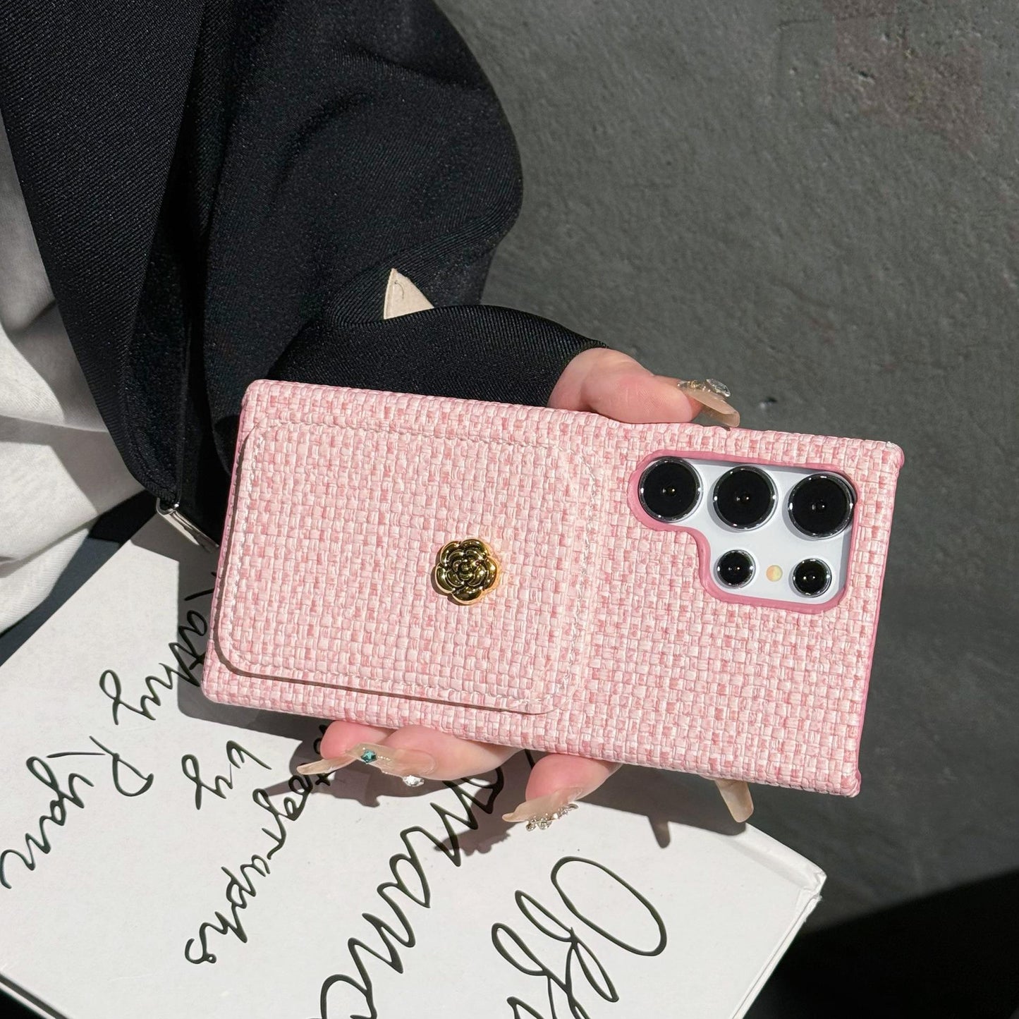 For Samsung S25Ultra S24 S23 S22 Case, Simple Slim Woven Pattern Fabrics Wallet Shockproof Card Slot Hard Full Cover