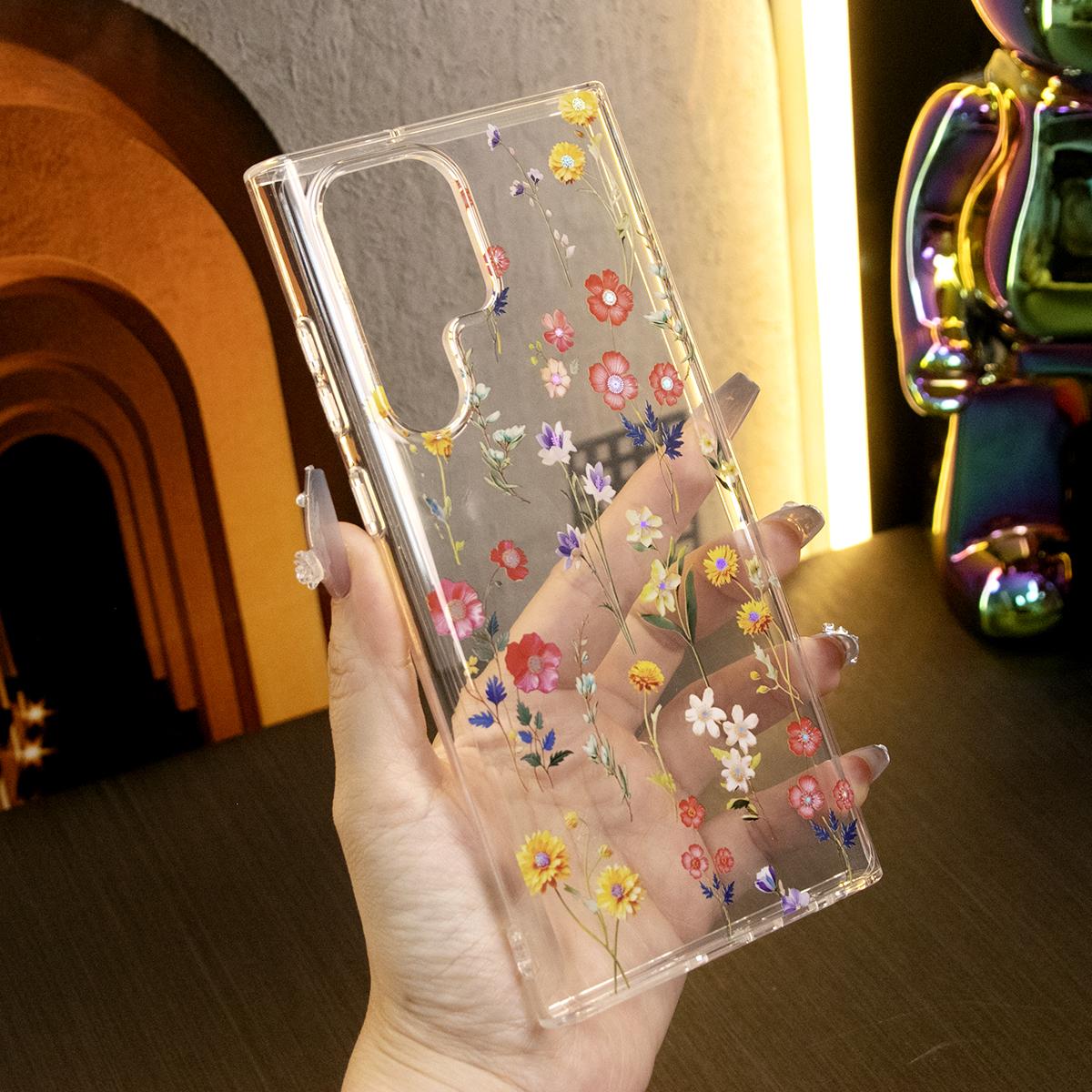 Luxury Clear Elegant Shockproof Acrylic Hard Phone Case For iPhone 16 15 14 13 12 11 With Flowers, Glitter Plating Floral Design Hard Back Cover Phone Case