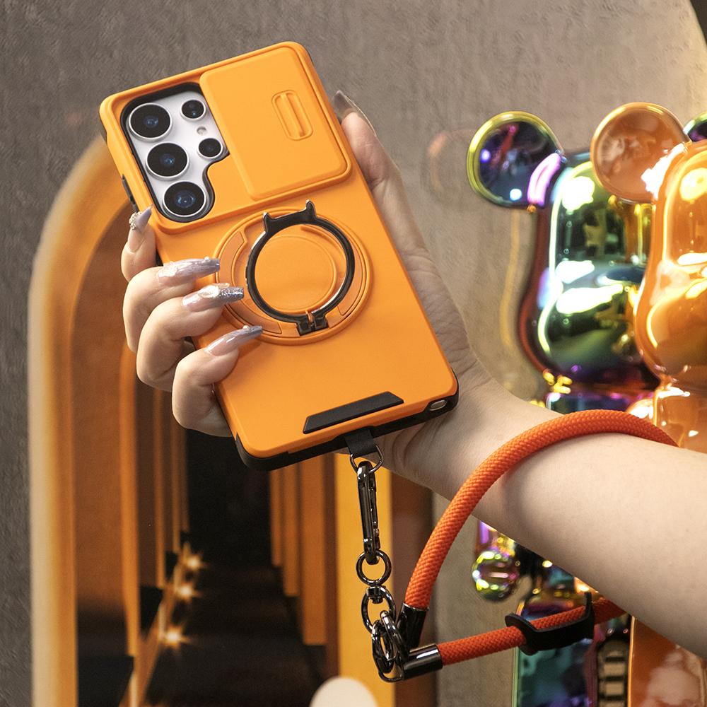 Removable Dust-proof Lens Cap Protection Phone Case 360 Rotating Metal Kickstand Wristband For Samsung S25Ultra S24 S23 S22 S21 Note20 A06 A15 A16 A25 A35 A36 A53 A54 A55 Shockproof Cover