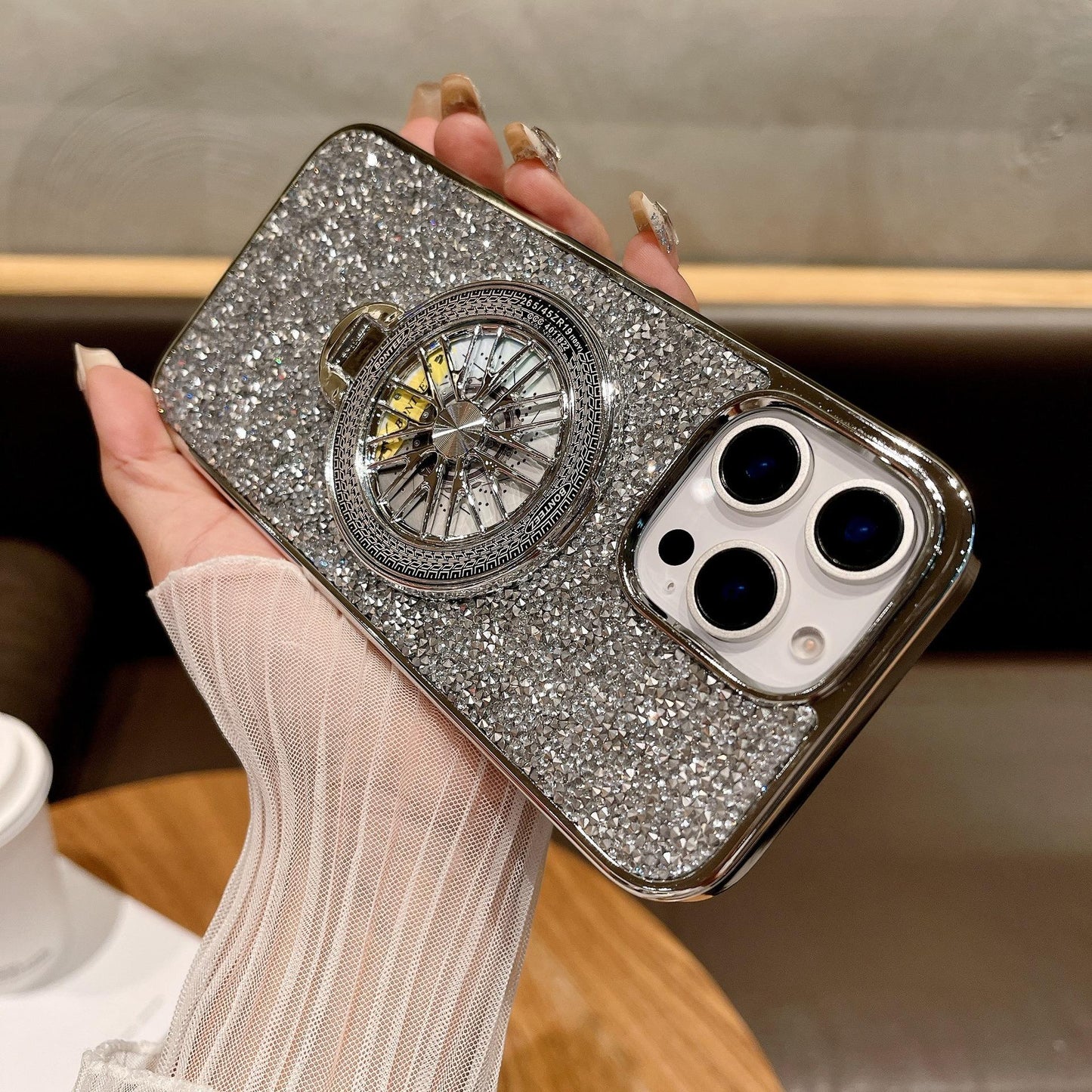 Luxury Rhinestone Glitter Plating Slim PC Phone Case with Gyro Kickstand For iPhone 16ProMax 15 14 13 Hard Full Cover