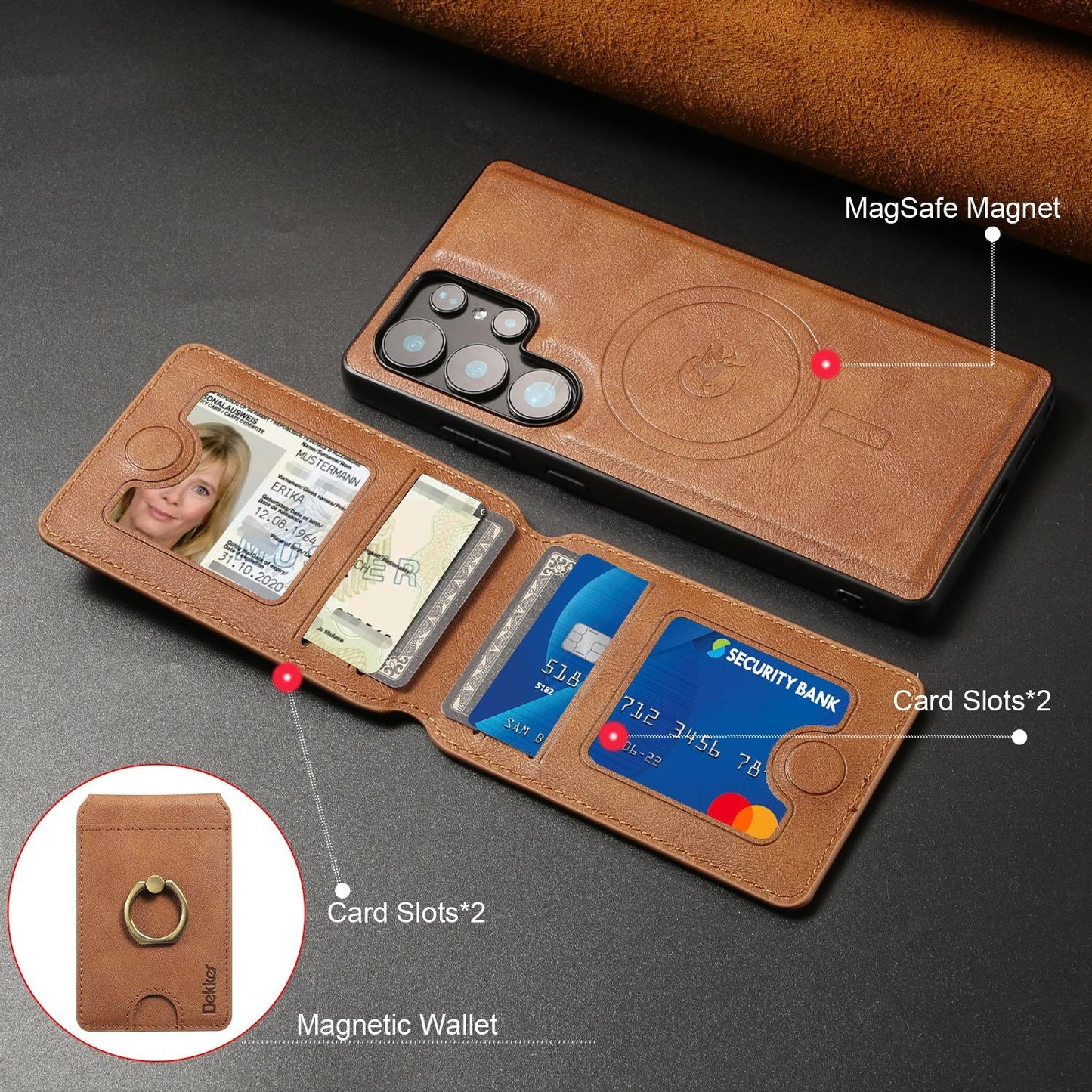 For Samsung S25 S24 S23 A16 A15 A36 A35 A56 A55 A53 Leather Phone Case with Strong Magnetic Wallet Ring Stand, Anti-Fall Card Bag Kickstand for Magsafe Shockproof Business Hard Full Cover