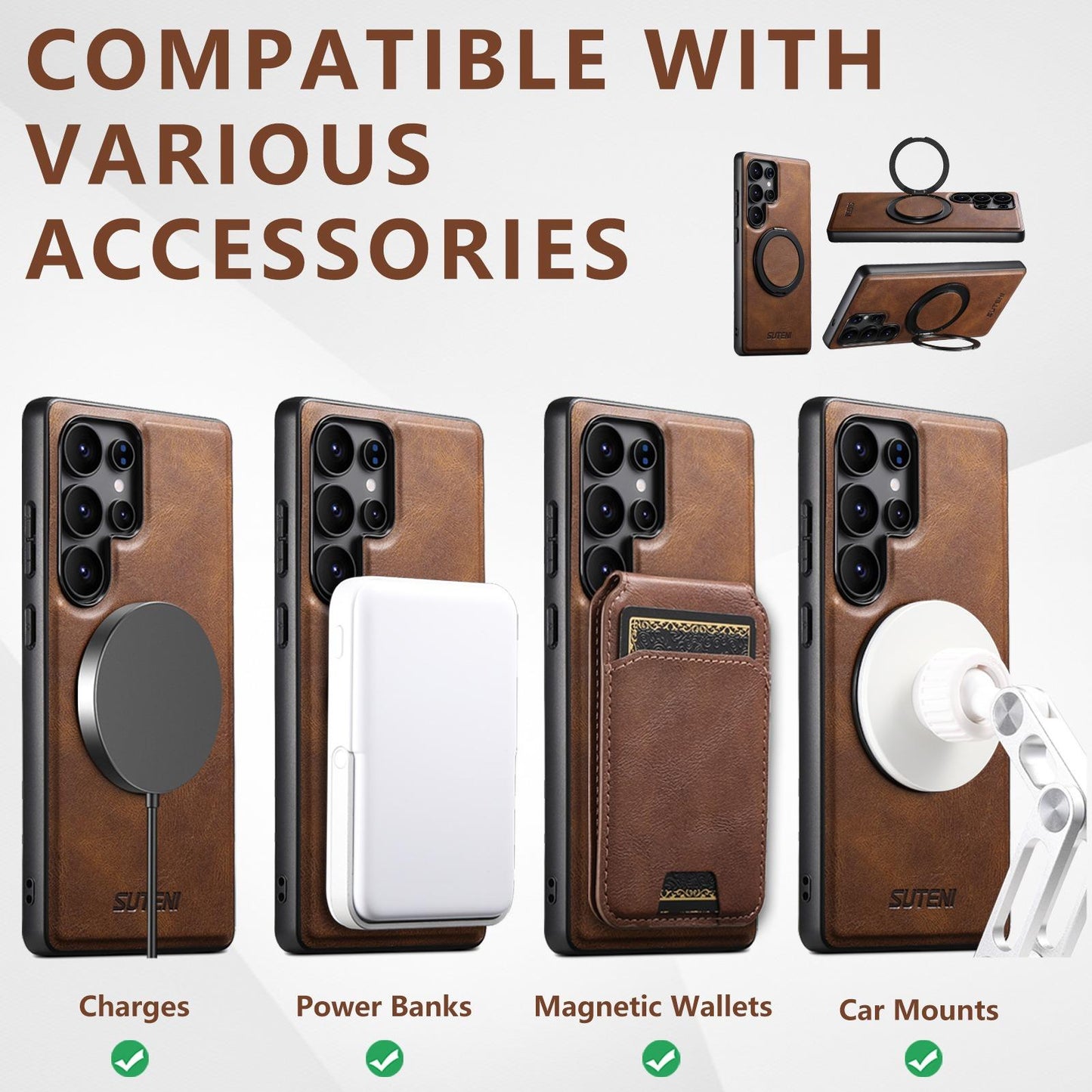 For Samsung S25 S24 S23 S22 Ultra Plus Phone Case, Smooth Surface Oil Wax Pattern Leather Metal Kickstand Shockproof Support Wireless Charging Hard Phone Case