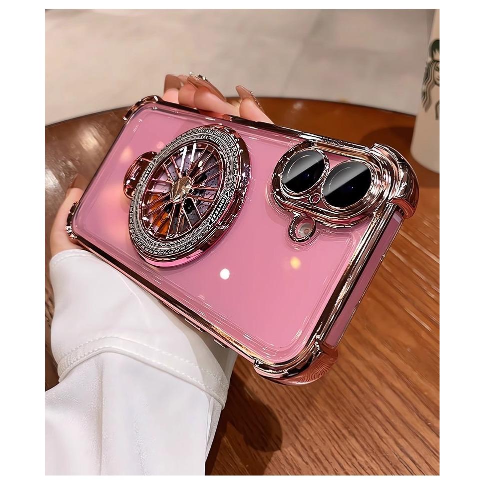 Glitter Plating Acrylic with Len Protector Phone Case with Metal Magnetic Gyro Rotating Kickstand For iPhone 16ProMax 15 14 13 12 Four Corner Shockproof Hard Full Cover