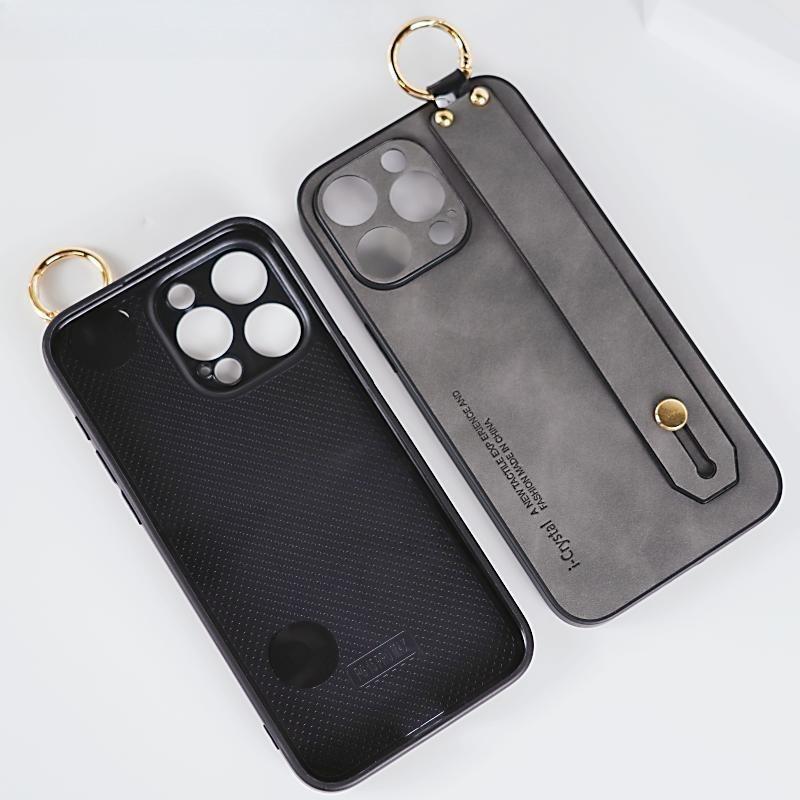For iPhone 16ProMax 16 15 14 13 12 Case With Wristband, Matte Durable Faux Leather Kickstand Shockproof Phone Case