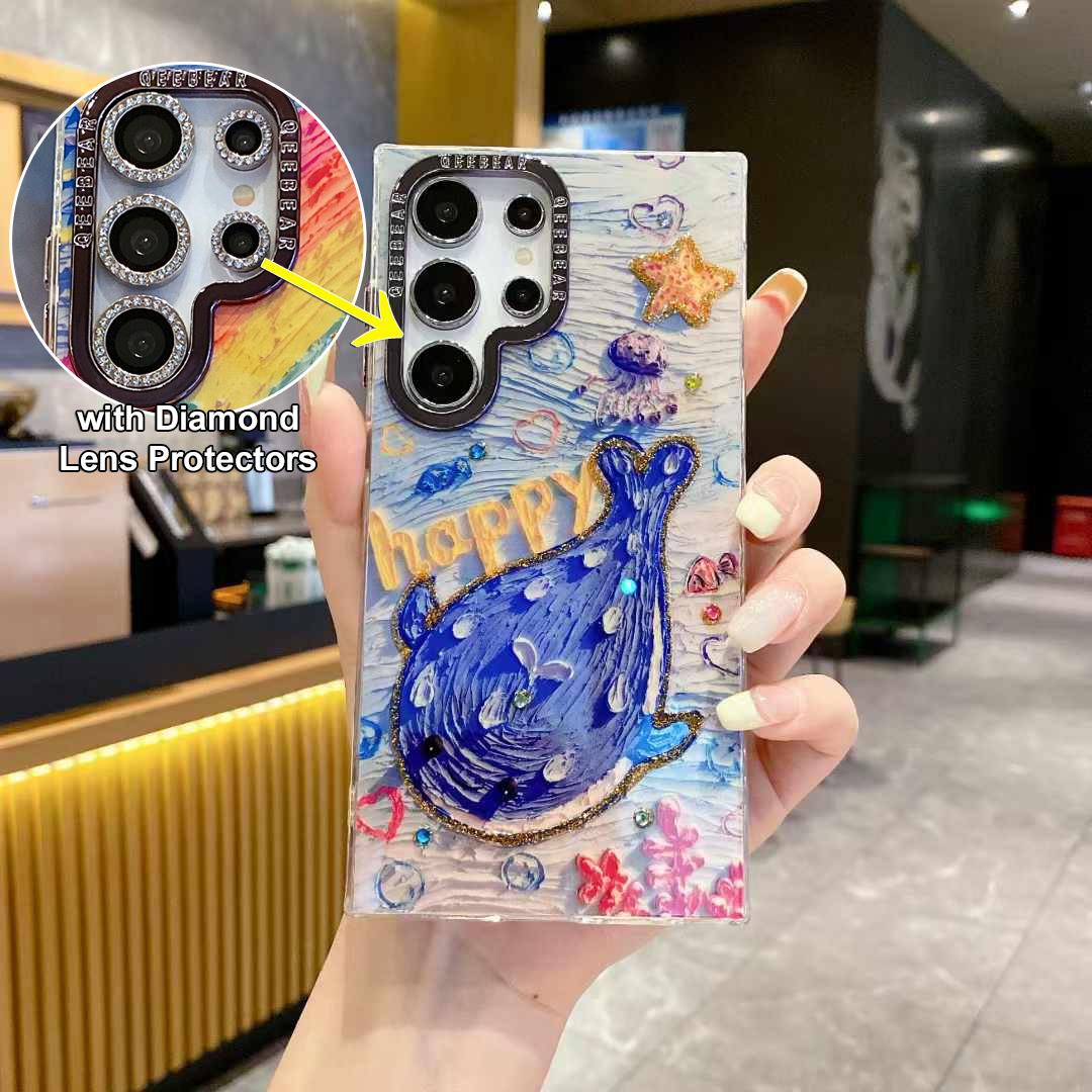 For Samsung S25 S24 S23 S22 Phone Case with Diamond Lens Protectors, Luxury Panda Leopard Rainbow Butterfly Elephant Oil Painting Metal Camera Frame Anti-drop Hard Shockproof Full Cover