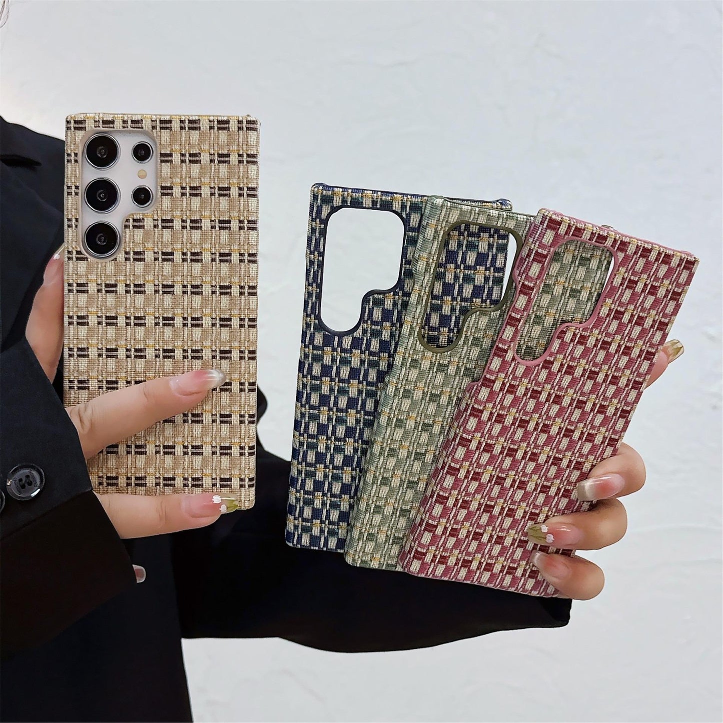 For Samsung S25Ultra S24 S23 S22 Phone Case, Simple Gradient Grid Mosaic Woven Pattern Fabrics Shockproof Hard Full Cover