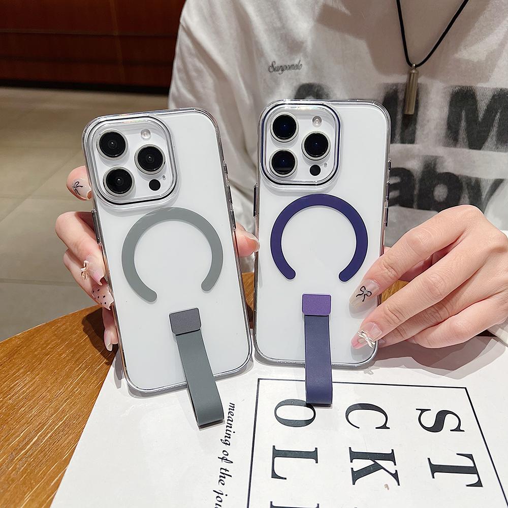 Colorful Crystal High Definition Clear C Pattern Magnetic Phone Case with Silicone Wristband For iPhone 16ProMax 16 15 14 13 Pro Max Plus Transparent HD Len Protection Hard Full Cover