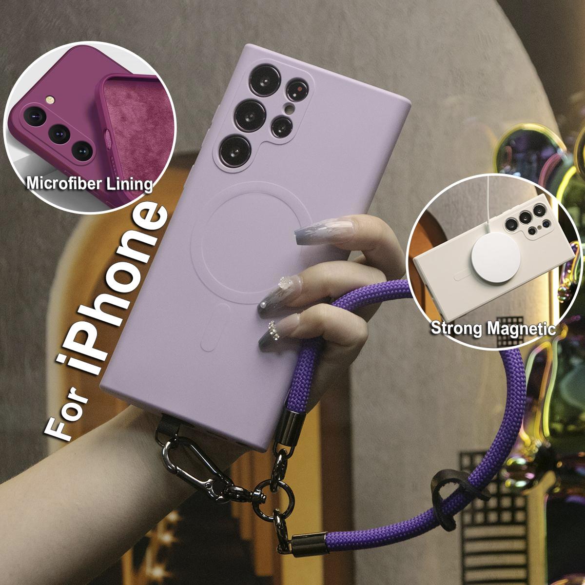 Strong Magnetic Slim Silicone Phone Case With Multifunctional Climbing Rope For iPhone 16 15 14 13 12 11 XR XSMax X/XS, Soft Liquid Silicone Shockproof Full Cover With Microfiber Lining