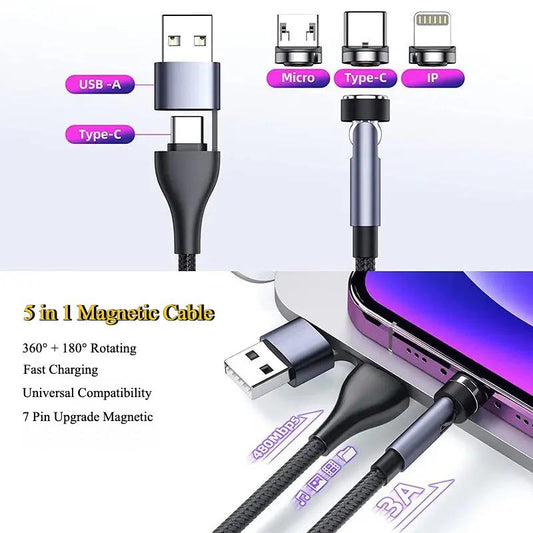 Magnetic 5 in 1 USB Cable Type C to 3 in 1 for iPhone Cable Micro USD C to iOS Data Cables Nylon Braided Durable Fast Charging Magnetic Rotating Cable Universal Accessories