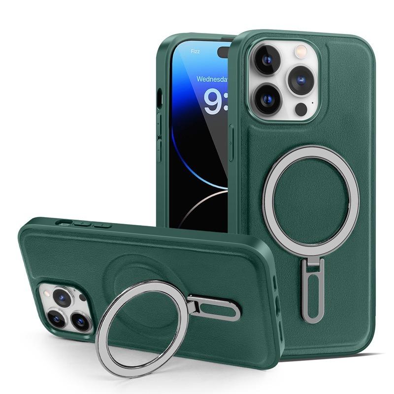 Luxury Full Leather Glossy Kickstand Phone Case For Magsafe For iPhone 16ProMax 16 15 14 13 12 11 Metal Ring Magnetic Metal Holder Shockproof Stand Back Cover