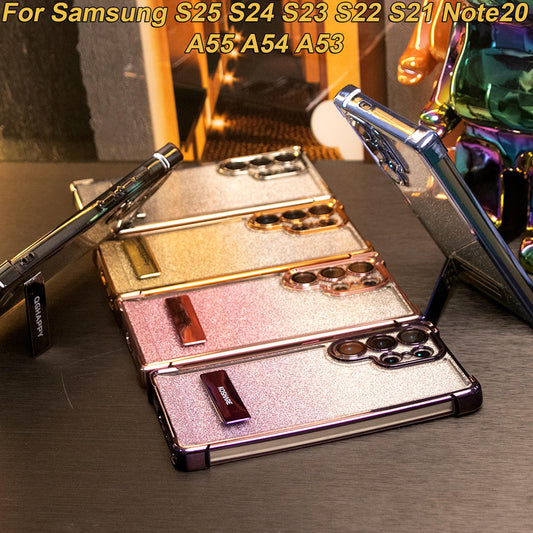 Gradient Plating Four Corners Thin Kickstand Phone Case for Samsung S25Ultra S25 S24 S23 S22 S21 Note20 A53 A54 A55 Hard Acrylic Bumper Full Cover