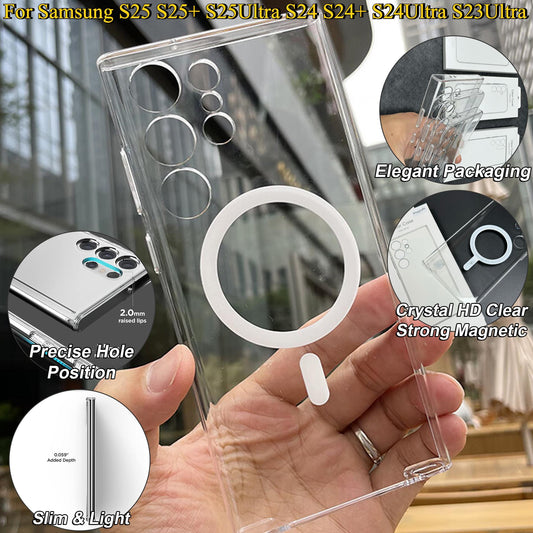 Crystal HD Clear Strong Magnetic Polycarbonate Ultra Hard Protective Shockproof Phone Case for Samsung S25 S25+ S25Ultra S24 S24+ S24Ultra S23Ultra - Precise Camera Cutouts Full Back Cover
