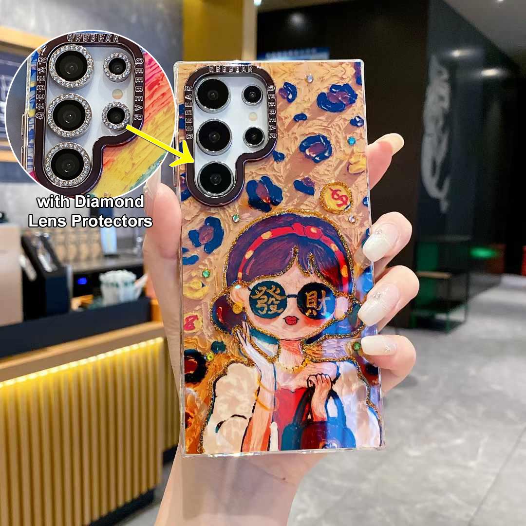 For Samsung S25 S24 S23 S22 Phone Case with Diamond Lens Protectors, Luxury Castle Panda Leopard Rainbow Butterfly Elephant Girl Oil Painting Metal Camera Frame Anti-drop Hard Shockproof Full Cover