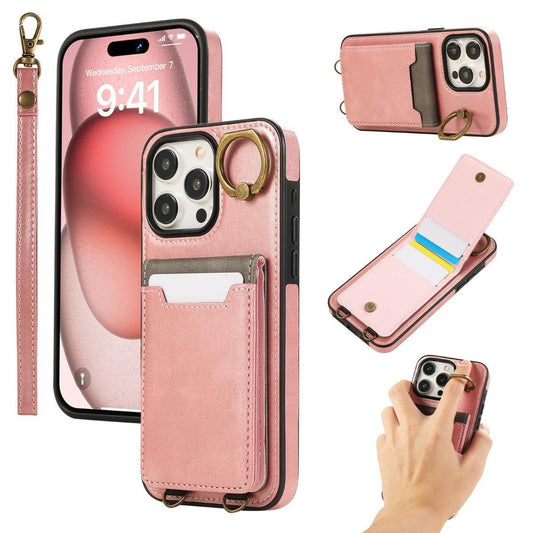 For iPhone 16ProMax 16 15 14 13 12 Leather Phone Case with Double Folding Wallet Wristband, Anti-Fall Card Slot Ring Kickstand Shockproof Business Hard Full Cover