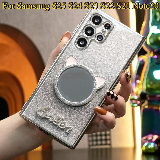 Diamond Cat Mirror Glitter Clear Phone Case For Samsung S25 S24 S23 S22 S21 Note20