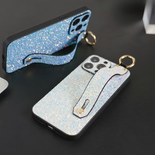 For iPhone 16ProMax 16 15 14 13 12 11 Case With Wristband, Luxury Glitter Durable Faux Leather Kickstand Shockproof Phone Case