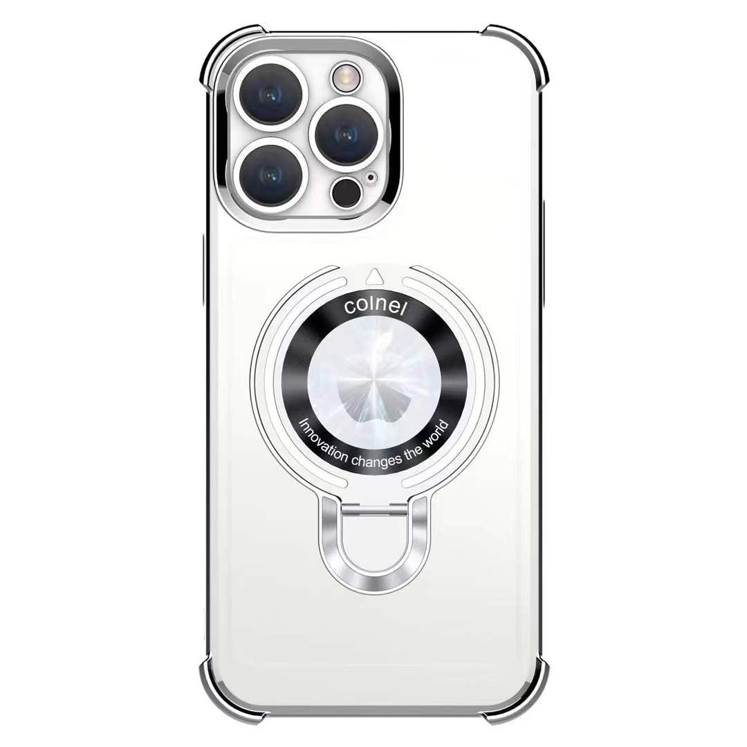Luxury Plating Four Corners Shockproof Clear Case With Magnetic Stand For iPhone 16 15 14 13 Transparent Hard Acrylic Hybrid Bumper Hard Full Cover