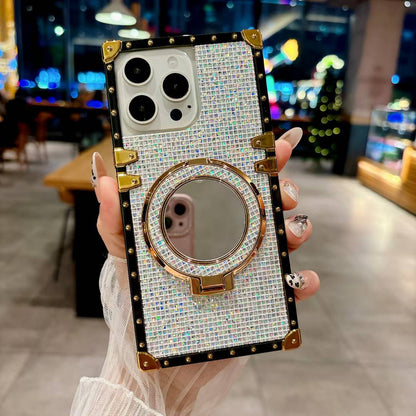 Luxury Glitter Bling Diamond Heavy Duty Protection Shockproof With Mirror Magnetic Kickstand Phone Case for iPhone 16ProMax 16 15 14 13 12 11 Pro Max Plus Fashion Square Case Back Soft Cover