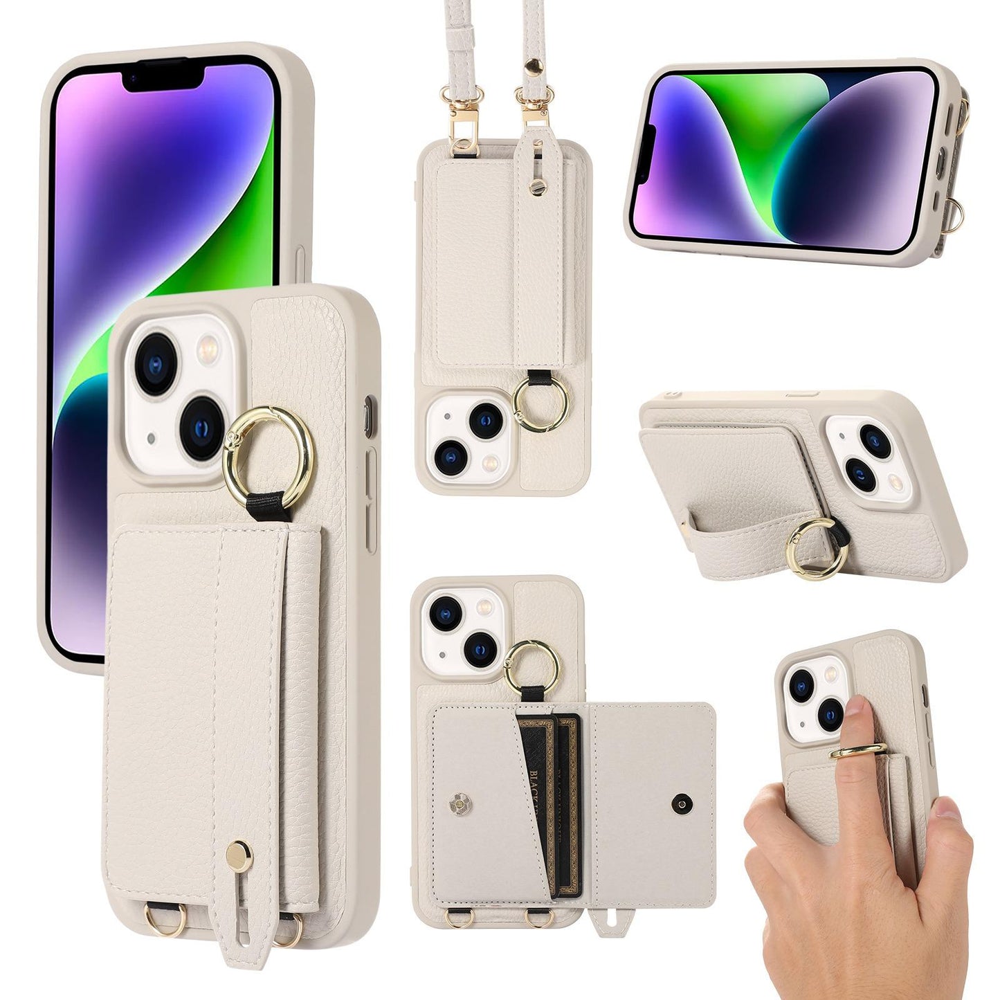 For iPhone 16ProMax 16 15 14 13 12 11 Leather Phone Case with Double Folding Wallet Lanyard, Anti-Fall Card Slot Wristband Ring Kickstand Shockproof Business Hard Full Cover