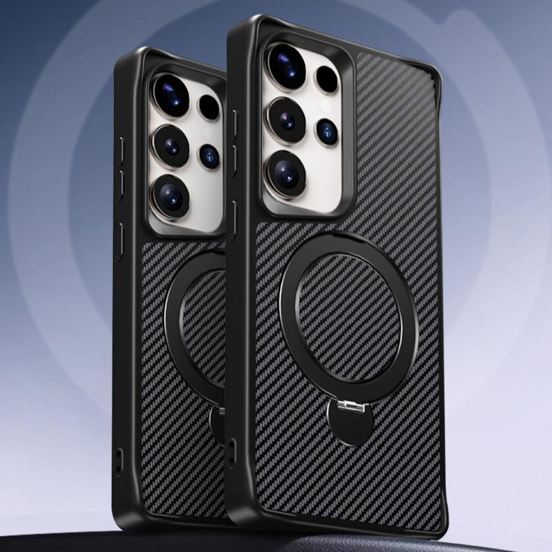 Carbon Fiber Pattern Slim PC Strong Magnetic Phone Case with 360 Rotating Metal Kickstand For Samsung S25Ultra S25Plus S25 S24 S23 A16 A26 A36 A56 Skin Feel Bumper Shockproof Hard Full Cover