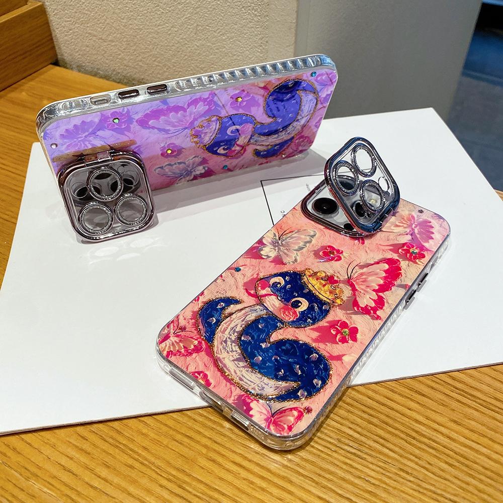 For iPhone 16ProMax 16 15 14 13 12 11 Phone Case with Diamond Camera Kickstand, Dolphin Whale Panda Elephant Snake Animal, Oil Painting Camera Frame Anti-drop Hard Shockproof Full Cover
