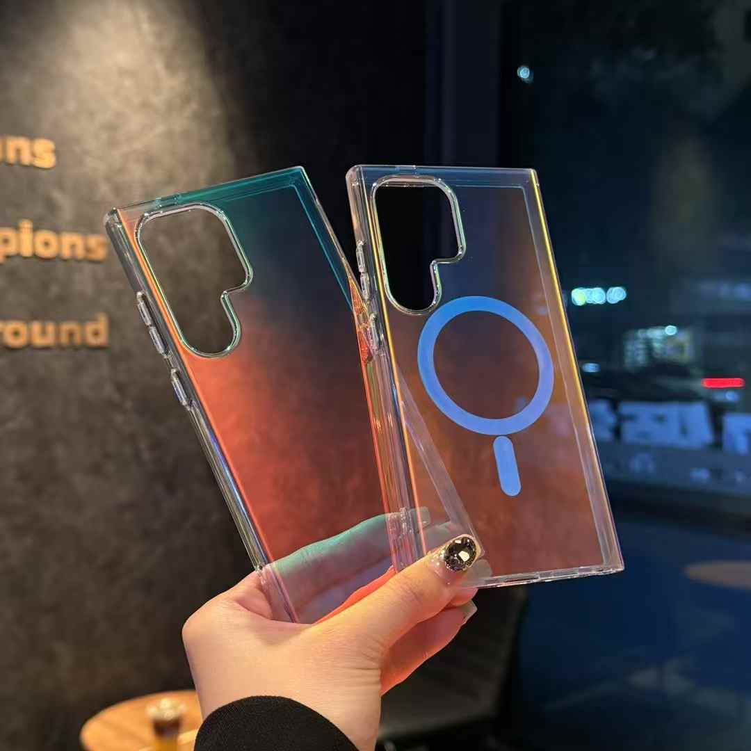Gradient Laser Glitter Strong Magnetic HD Transparent PC Slim Phone Case For Samsung S25Ultra S25 S24 S23 Shockproof Hard Full Cover