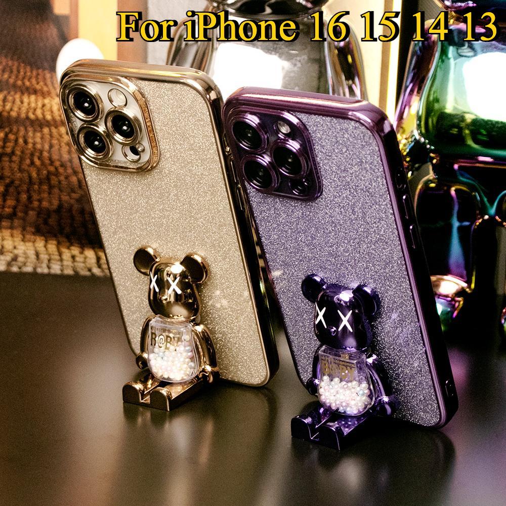 Glitter Electroplated 3D Candy Bear Holder Phone Case For iPhone 16 15 14 13 Pro Max