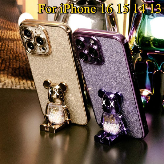 Glitter Electroplated 3D Candy Bear Holder Phone Case For iPhone 16 15 14 13 Pro Max