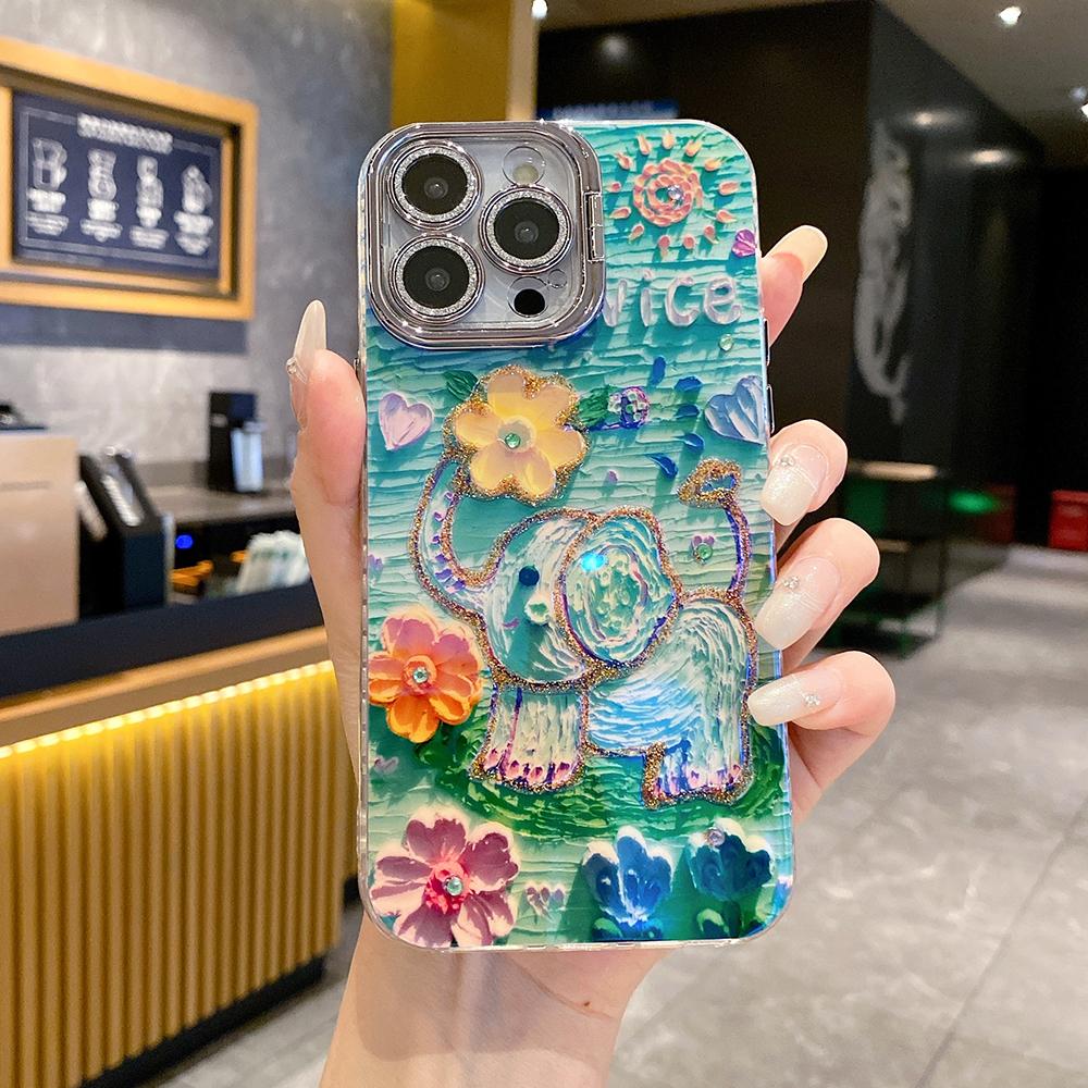 For iPhone 16ProMax 16 15 14 13 12 11 Phone Case with Diamond Camera Kickstand, Dolphin Whale Panda Elephant Snake Animal, Oil Painting Camera Frame Anti-drop Hard Shockproof Full Cover