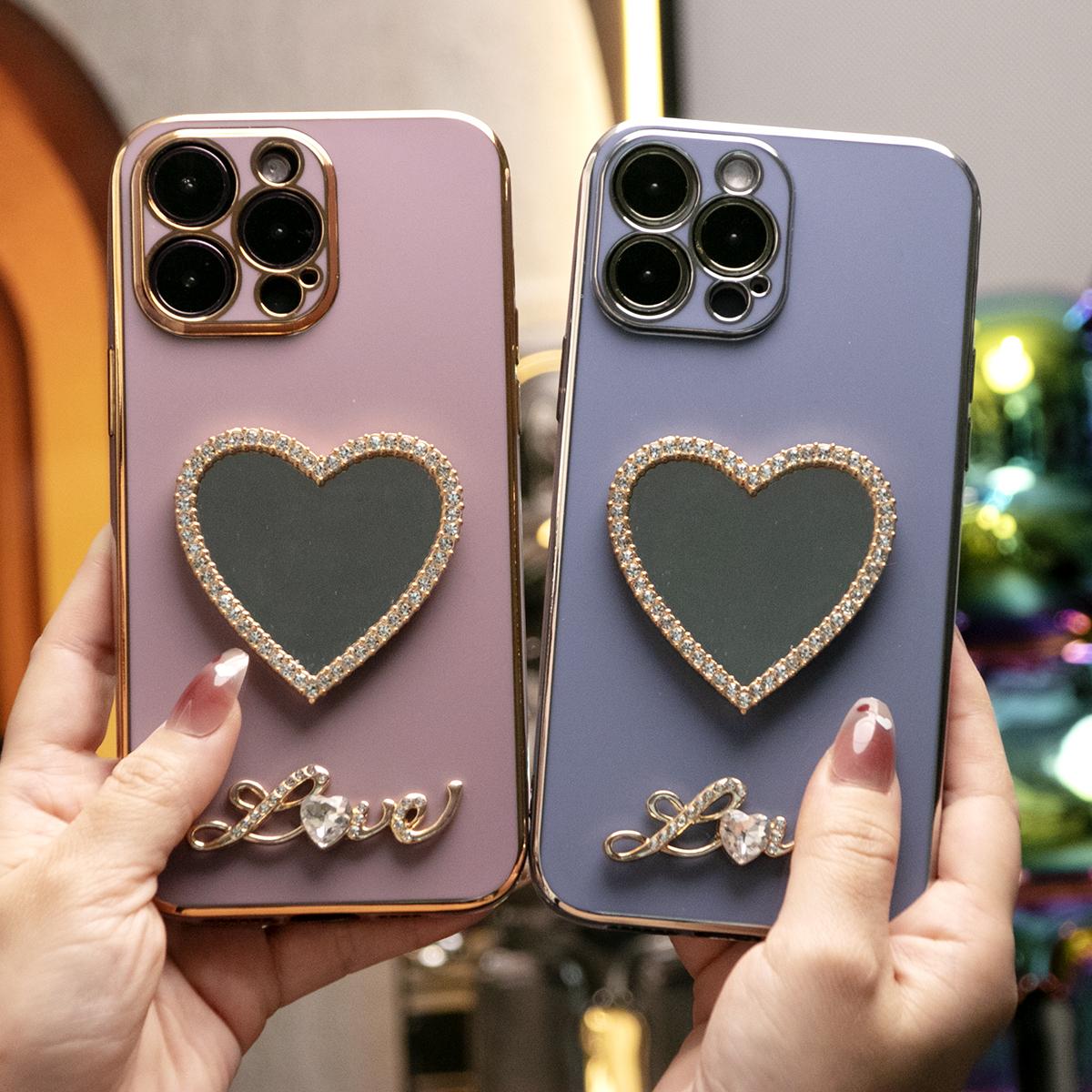 For iPhone 16 15 14 13 12 11 XR XSMax X/XS Phone Case, Love Heart Mirror, Plating Electroplate Luxury Elegant Case Camera Protector Shockproof Soft Cover