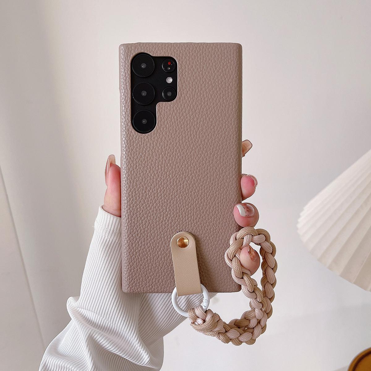 Luxury Wrist Strap Soft Leather Phone Case For Samsung S25 S24 S23 S22 S21 A15 A25 A35 A55 Solid Color Cover