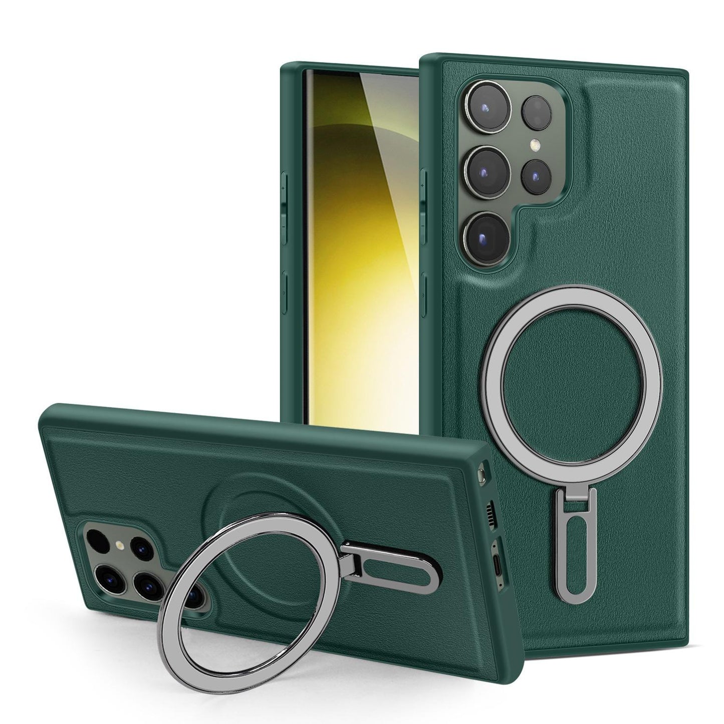 Luxury Full Leather Glossy Kickstand Phone Case For Magsafe For Samsung S25Ultra S25+ S25 S24FE S24 Ultra S23 S22 Ultra Plus Metal Ring Magnetic Metal Holder Shockproof Stand Back Cover