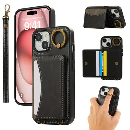 For iPhone 16ProMax 16 15 14 13 12 Leather Phone Case with Double Folding Wallet Wristband, Anti-Fall Card Slot Kickstand Shockproof Business Hard Full Cover