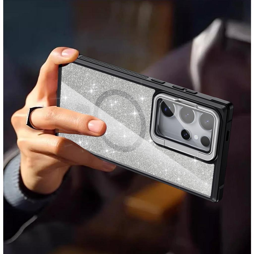 For Samsung S25Ultra S25 S24 S23 S21FE S20FE Strong Magnetic Phone Case, Glass Camera Kickstand Protection, Glitter Clear Acrylic Four Corner Shockproof Bumper Hand Feel Hard Full Cover