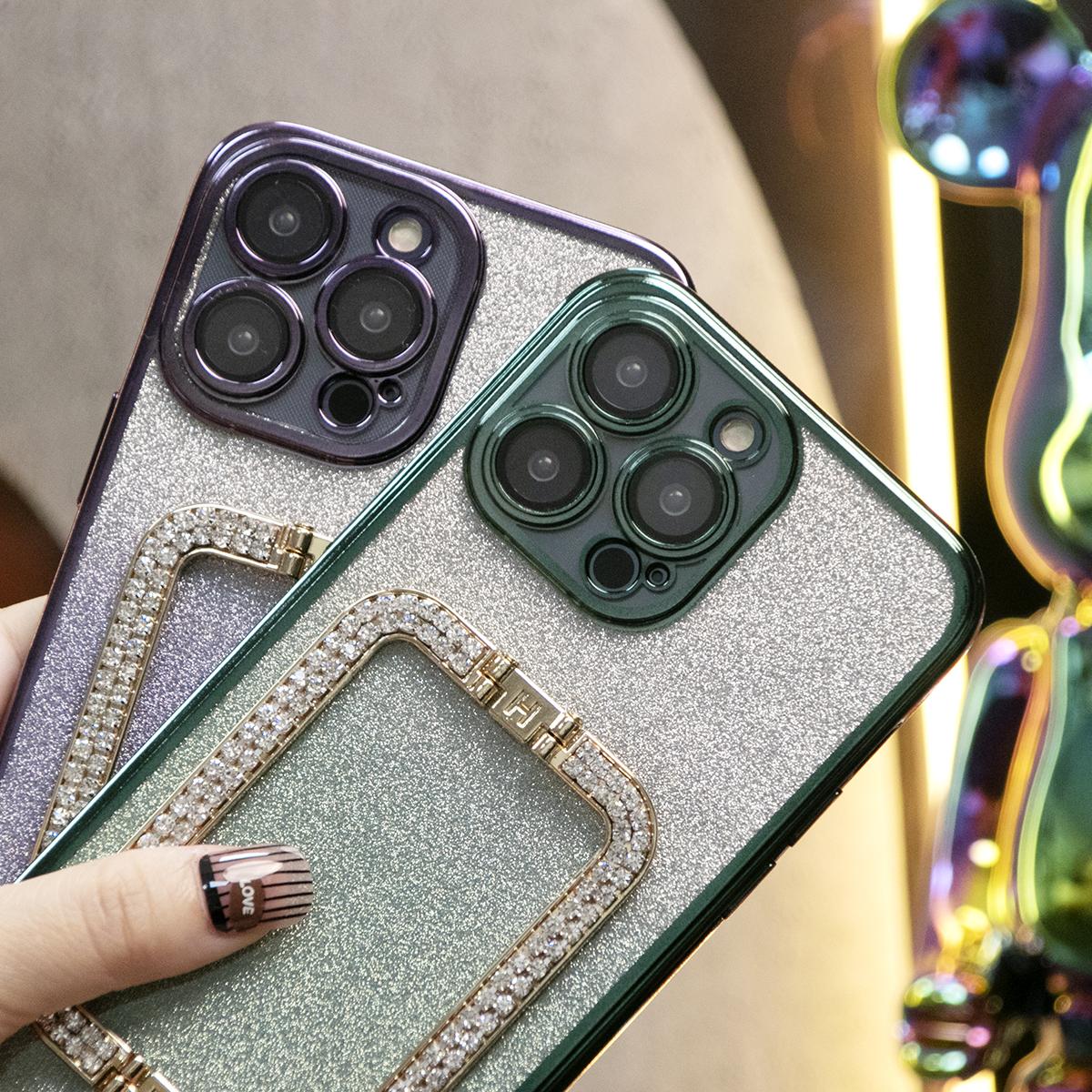 Glitter Transparent Gradient 3D Crystal Square Holder Plating Phone Case For iPhone 16 15 14 13 12 Pro Max Clear Soft TPU Back Cover
