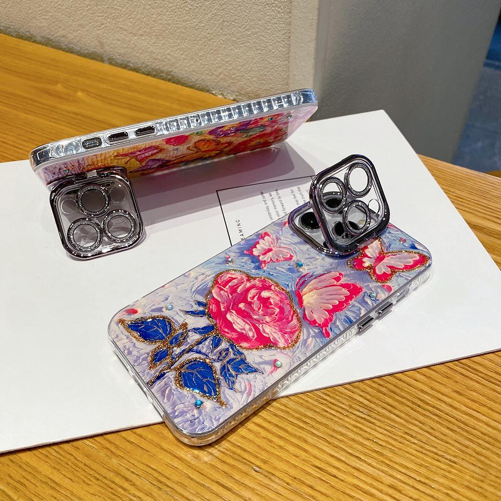 For iPhone 16ProMax 16 15 14 13 12 11 Phone Case with Diamond Camera Kickstand, Rainbow Flower Rose Butterfly, Oil Painting Camera Frame Anti-drop Hard Shockproof Full Cover