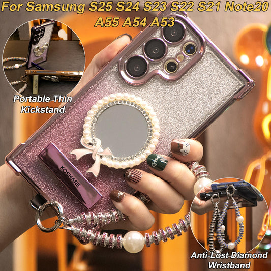 Gradient Plating Four Corners Bowknot Mirror Thin Kickstand Case with Pearl Diamond Wristband for Samsung S25Ultra S25 S24 S23 S22 S21 Note20 A53 A54 A55 Hard Acrylic Bumper Full Cover