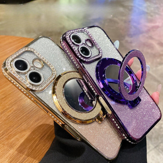 Glitter Gradient Plating Rhinestone TPU Phone Case with Mirror Kickstand For iPhone 16ProMax 15 14 13 12 Shockproof Soft Full Cover