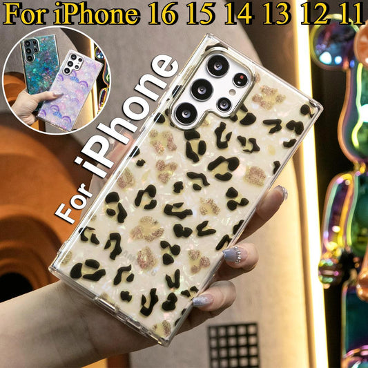 For iPhone 16 15 14 13 12 11 XR XSMax X/XS Phone Case, Leopard Shell Marbling Pattern, Glitter Colorful Luxury Elegant Camera Protection Shockproof Hard Cover
