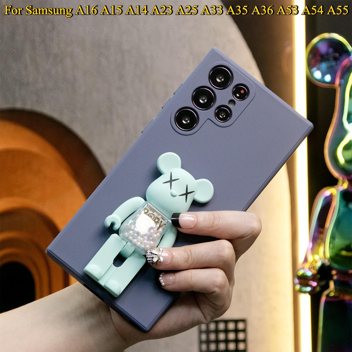 Liquid Silicone Matte Shockproof Frosted Candy Bear Stand Phone Case For Samsung A16 A15 A14 A23 A25 A33 A35 A36 A53 A54 A55 Note20 Camera Protect Soft Cover