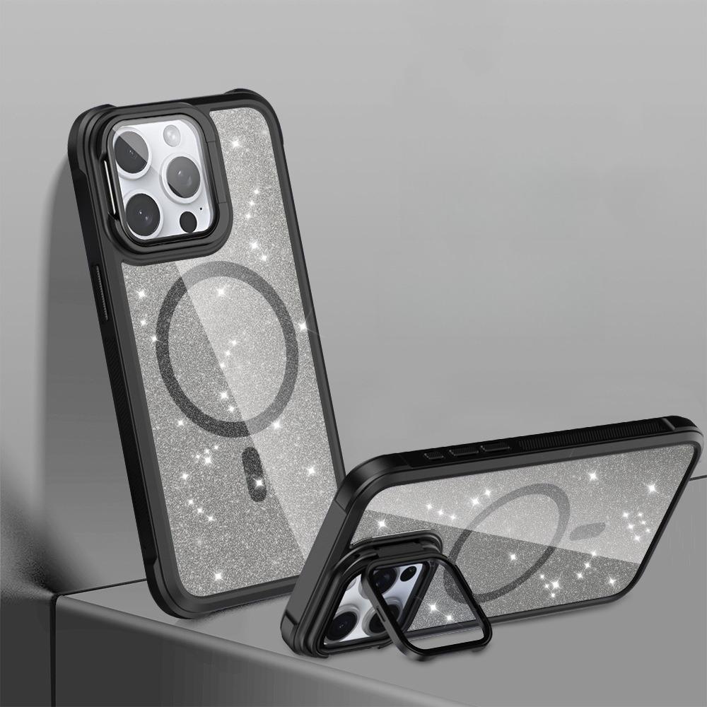For iPhone 16ProMax 16 15 14 13 12 11 Strong Magnetic Phone Case, Glass Camera Kickstand Protection, Glitter Clear Acrylic Four Corner Shockproof Bumper Hand Feel Hard Full Cover