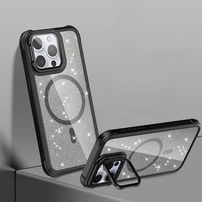 For iPhone 16ProMax 16 15 14 13 12 11 Strong Magnetic Phone Case, Glass Camera Kickstand Protection, Glitter Clear Acrylic Four Corner Shockproof Bumper Hand Feel Hard Full Cover