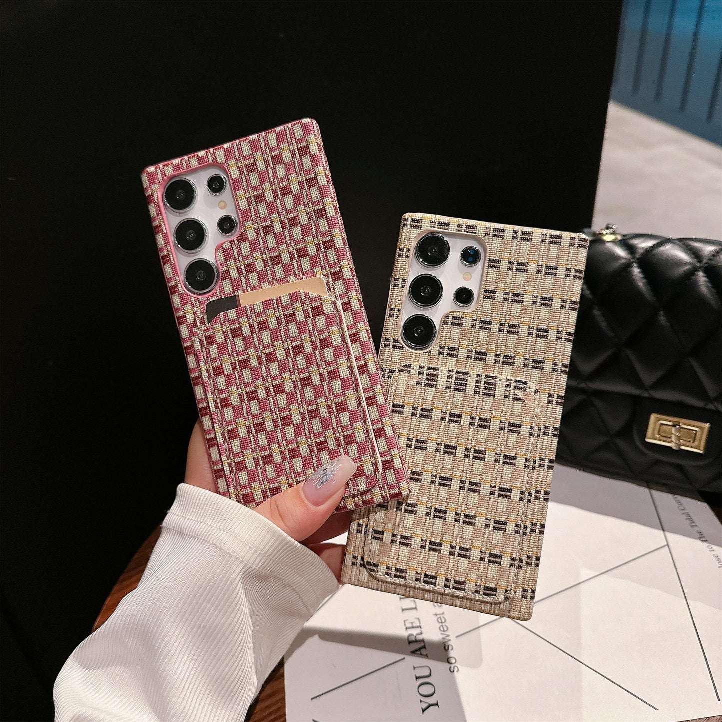 For Samsung S25Ultra S24 S23 S22 Phone Case, Gradient Grid Mosaic Wallet Woven Pattern Fabrics Card Slot Shockproof Hard Full Cover
