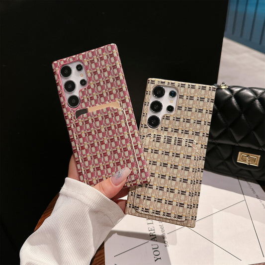 For Samsung S25Ultra S24 S23 S22 Phone Case, Gradient Grid Mosaic Wallet Woven Pattern Fabrics Card Slot Shockproof Hard Full Cover